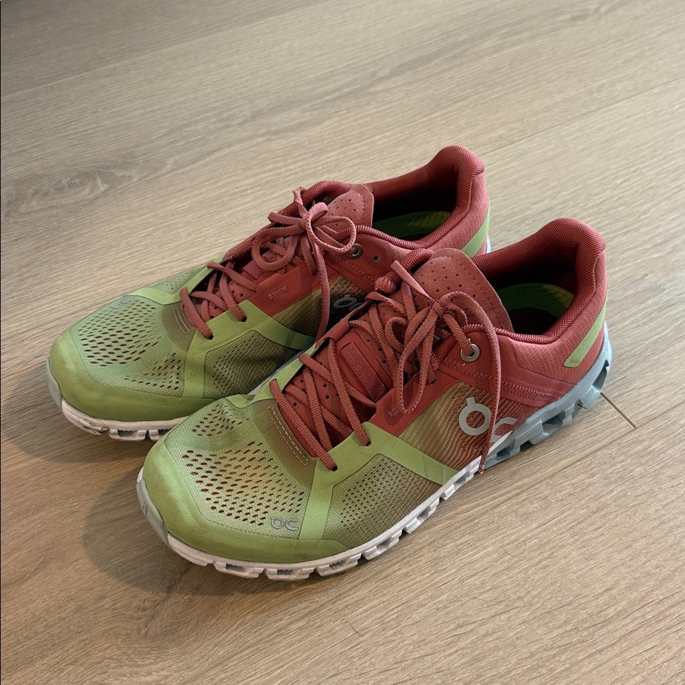 On Running Athletic Shoes in Green and salmon color